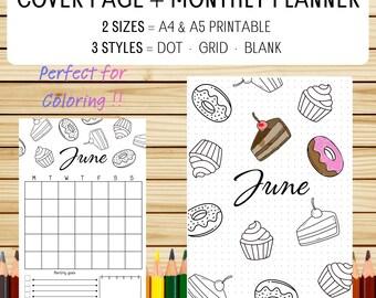 June Coloring Planner Printable – Sweet Dessert Theme – Colorable Title Page + Monthly Calendar A4 A5 | Dot Grid Blank Planner Pages PDF