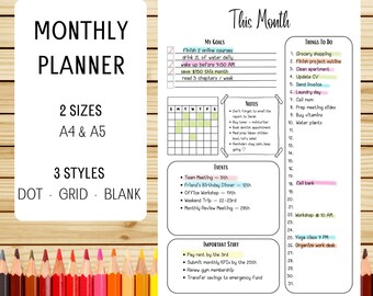 Undated Monthly Planner, Goal Tracker Printable, Productivity Dashboard, A4 A5 Insert, Monthly Overview PDF