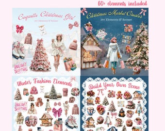 Coquette Christmas Mega Bundle, Watercolor Winter Clipart, Fashion gal & Market Scene Creator, Pink Holiday PNG, Sticker Kit, Commercial Use