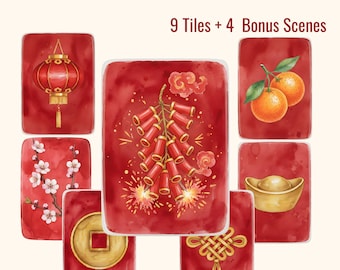 Lunar New Year Mahjong Tile Clipart | Red & Gold Watercolor (PNG Digital Download)