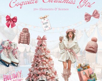 Coquette Christmas Clipart, Watercolor Fashion Girl PNG (Commercial Use)