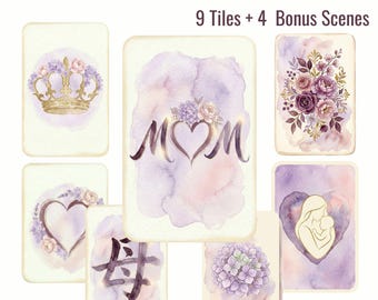 Mother’s Day Watercolor Floral Mahjong Clipart, Pastel Purple Flowers PNG (Digital Download)