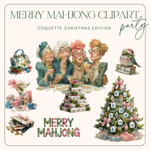 Könnte beinhalten: Eine Sammlung von Aquarellillustrationen mit Weihnachtsmotto. Das Bild zeigt eine Gruppe älterer Frauen beim Mahjong-Spielen, einen Weihnachtsbaum mit Mahjong-Steinen und andere festliche Elemente. Der Text lautet "Merry Mahjong Clipart Party".