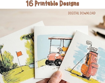 Retro Golf Clipart Bundle, Mid-Century Modern Illustrations, Pink Orange Graphics (Digital Download)