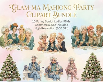 Funny Mahjong Glam-ma Clipart Bundle, Holiday PNG