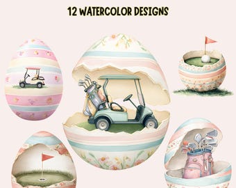 Pastel Golf Easter Egg Clipart, Watercolor Golfing Bundle (Digital Download)