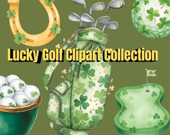 Watercolor St. Patrick's Day Golf Clipart: Shamrock Cart, Bag, Pot of Gold PNGs