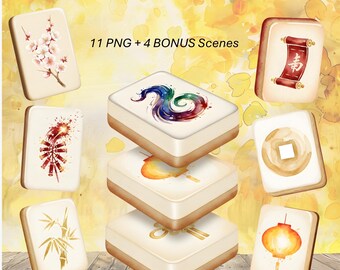 Chinese New Year Mahjong Clipart Set, Gold & White Lunar Tiles, Watercolor Mahjong Illustration, Festive Asian Inspired Digital Art | PNG