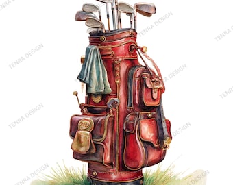 17 Akwarelowy worek golfowy PNG, Pakiet vintage golfowych clipartów, Ilustracja sportowa PNG, Pobieranie cyfrowe, Użytek komercyjny PNG, Przezroczyste tło