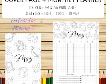 Space Theme May Coloring Planner – Printable Monthly Calendar (Digital Download)