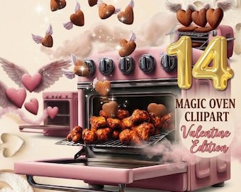 Walentynkowy magiczny piekarnik, grafika liniowa w kolorze retro różowym, ciasteczka w kształcie latających serc (PNG, zestaw do sublimacji)