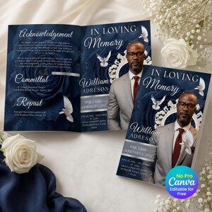 Blue Funeral Program Template, Editable Canva Memorial Booklet, Obituary Order of Service, Celebration of Life Download free Canva