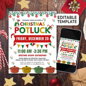 May include: A Christmas potluck invitation with festive decorations. The invitation features text, including the date, time, and RSVP information. A smartphone displays the invitation. The words "Editable Template" are also visible.