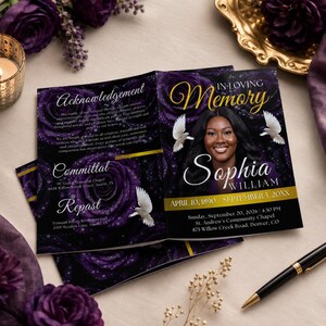 Purple Roses Funeral Program Template, 8 Page Memorial Booklet, Editable Canva Obituary, Celebration of Life Download