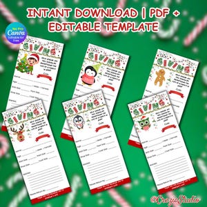 Puede incluir: Una colección de listas de deseos de regalos navideños imprimibles con ilustraciones festivas de un hombre de jengibre, un pingüino, un búho, un reno y un niño con un árbol de Navidad. Las listas tienen secciones para rellenar. El texto dice "The Giving".