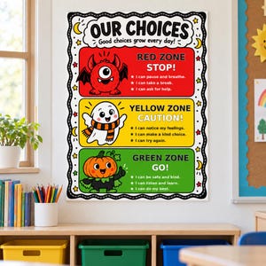 May include: A wall poster titled OUR CHOICES Good choices grow every day! featuring three color-coded zones: a red zone with a monster, a yellow zone with a ghost, and a green zone with a pumpkin character, each listing behavioral prompts.