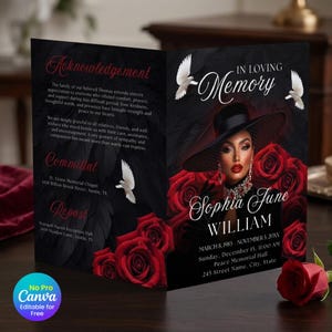 Könnte beinhalten: Ein Trauerprogramm mit schwarzem Hintergrund, roten Rosen, weißen Tauben und dem Porträt einer Person mit schwarzem Hut und rotem Lippenstift. Der Text enthält In Loving Memory, Sophia June William sowie Angaben zur Trauerfeier und zum Empfang.