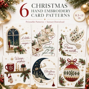 Puede incluir: Una colección de seis patrones de bordado a mano para tarjetas navideñas en hojas de 21,6 x 27,9 cm. Los diseños incluyen una ventana, sobres, una paloma, una taza con regalos, una luna creciente con Santa Claus y un adorno rojo con texto.