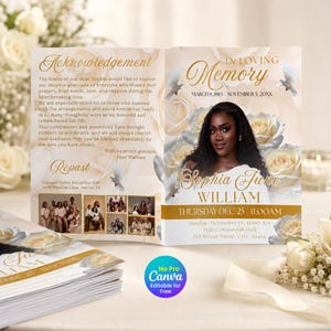 May include: A funeral program template featuring a portrait of a person, gold text reading In Loving Memory, Sophia June William, and dates March 8, 1983 to November 5, 20XX. The design includes cream-colored roses, flying doves, and photo collages.