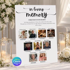 May include: A white memorial sign featuring the text in loving memory and forever in our hearts. It includes eight individual portrait photos of people with their names and titles printed below each image in a black serif font.