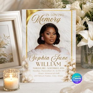 May include: A funeral programme template featuring a portrait of a person, the text IN LOVING MEMORY, Sophia June WILLIAM, March 8, 1983 – November 5, 20XX, Sunday, December 15, 11:00 AM, Peace Memorial Hall, 245 Street Name, City, State, and gold floral accents.