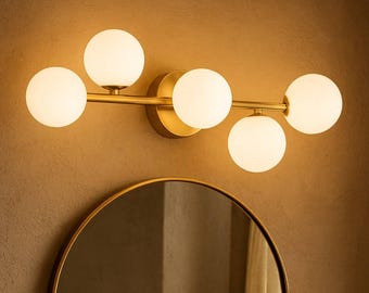 Mid-Century Modern Brass Bathroom Vanity Light - 5 Globe Frosted Glass Sconce