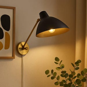 Vintage Swing Arm Wall Sconce: Antique Black & Brass Bedside Lamp