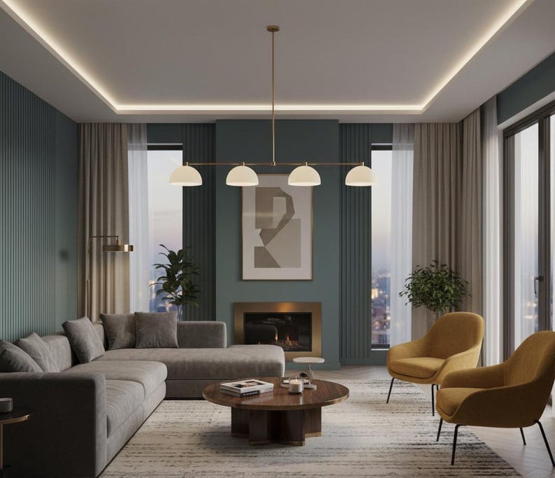 May include: A linear chandelier featuring four white dome-shaped shades suspended from a thin brass-colored metal rod. The fixture is positioned horizontally, providing downward illumination with its four evenly spaced light sources.