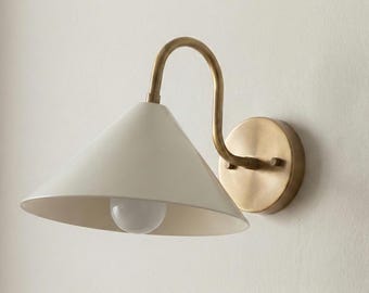 Modern Brass Wall Sconce Light:  Cone Shade Sconce Lamp | Minimalist Bedroom Lighting | Mid Century Modern Wall Lamp | Bathroom Vanity Light