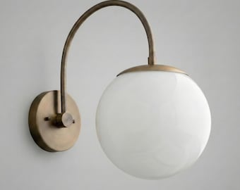 Mid Century Modern Brass Wall Sconce with Opaline Glass Globe: Plug in wall sconce | Modern Wall Light Fixture