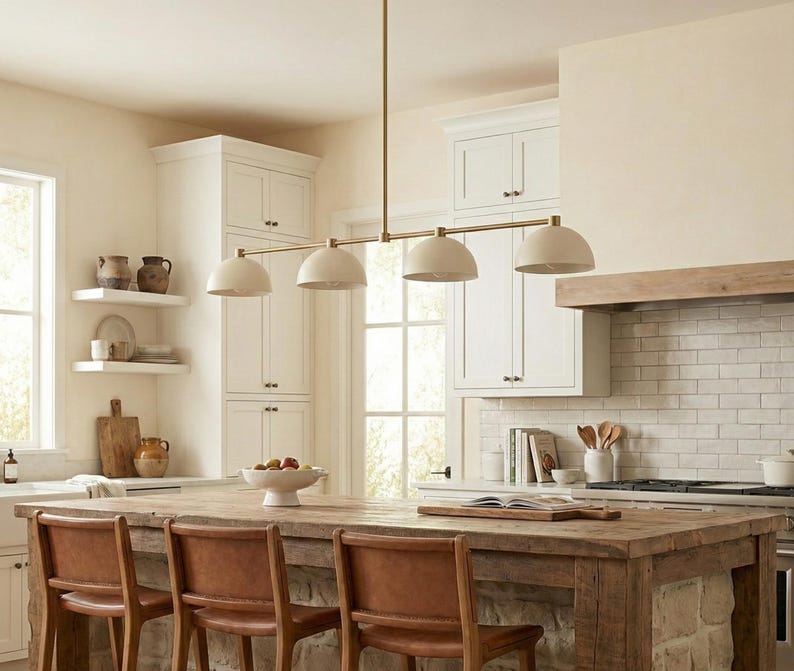 May include: A linear pendant light fixture featuring a long, thin brass rod suspended from the ceiling, holding four evenly spaced, matte off-white dome-shaped shades that direct light downward over a wooden kitchen island with leather chairs.
