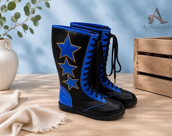 Black Blue Star Wrestling Boots, Lace Up Knee High Boots, Wrestler Costume Boots, Cosplay Boots, Handmade Leather Boots Men