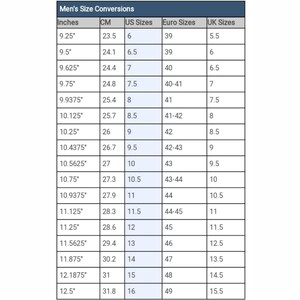 K&ouml;nnte beinhalten: Eine wei&szlig;e Tabelle mit der &Uuml;berschrift "Herren Gr&ouml;&szlig;en Umrechnung" zeigt Schuhgr&ouml;&szlig;enumrechnungen. Sie enth&auml;lt Zoll, cm, US-, Euro- und UK-Gr&ouml;&szlig;en. Die Ma&szlig;e reichen von 23,5 cm (9,25 Zoll) bis 31,8 cm (12,5 Zoll).