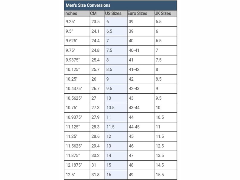 K&ouml;nnte beinhalten: Eine wei&szlig;e Tabelle mit der &Uuml;berschrift "Herren Gr&ouml;&szlig;en Umrechnung" zeigt Schuhgr&ouml;&szlig;enumrechnungen. Sie enth&auml;lt Zoll, cm, US-, Euro- und UK-Gr&ouml;&szlig;en. Die Ma&szlig;e reichen von 23,5 cm (9,25 Zoll) bis 31,8 cm (12,5 Zoll).