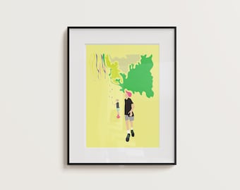 May include: Framed art print featuring an abstract illustration with figures and shapes in a vibrant color palette. The artwork showcases a yellow background with green and blue abstract shapes, and two figures in black and pink clothing.