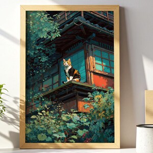 Cat Art Print, Japanese House, Large Digital Wall Art Print, Original Printable Deco Poster, Instant Digital Download Home Room Wall Decor