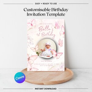 Butterfly First Birthday Invitation, Pink Girl Party Invite, Editable Birthday Template, Baby Girl Digital Download, Printable Invite