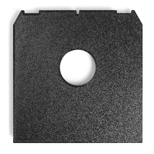 May include: A square, black object with a textured surface and a circular hole. The object has a notch on two corners and a small rectangular cutout on the top edge. The object is likely a component or part of a larger item.
