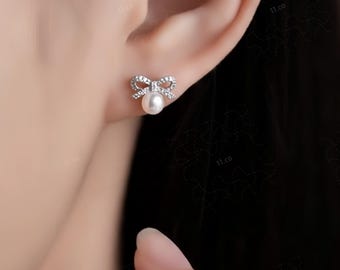 925 Sterling Silver Bow Pearl Stud Earrings for Girls, Natural Pearl Drop on Earlobe, Cute Elegant Jewelry, Everyday Wear Birthday Gift