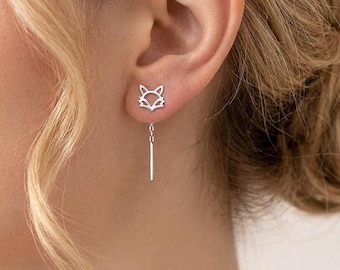 Örhängen i 925 sterlingsilver med räv, fina långa tofsörhängen med djurmotiv, minimalistiska rävsmycken, söta djurörhängen, unik present