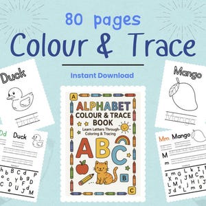 May include: An educational book titled "Alphabet Colour & Trace Book" for children, featuring 80 pages. The cover displays an apple, a cat, and the letters A, B, and C. Sample pages with a duck and a mango are also shown.