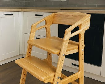Adjustable Montessori chair for kids Solid oak Wooden chair Grow with me toddler seat
