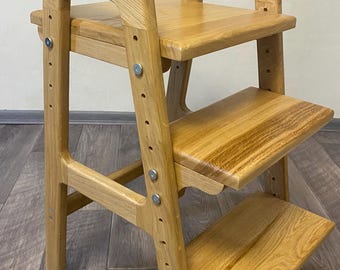 Height Adjustable Montessori chair with two steps for kids Solid oak Wooden chair , height child chair