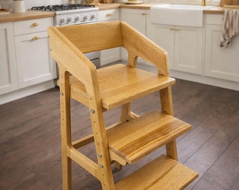 Handcrafted Solid Oak Montessori Chair, Adjustable Toddler Seat, Height child stool