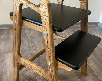 Montessori Adjustable Kids Chair Two-Tone Black&Ash grow with me Wooden High Chair