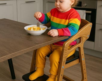 Montessori Kids High Chair: Two-Tone Black & Ash, Adjustable Wooden Design