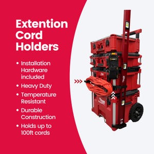 May include: Red extension cord holders with the text "Extention Cord Holders". Features include installation hardware, heavy-duty construction, and temperature resistance. Holds up to 100ft cords.