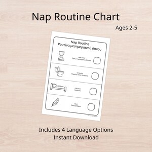 May include: A white printable nap routine chart for ages 2-5, featuring icons for nap time, potty, lie down, and rest. The chart includes the text "Nap Routine Chart" and "Ages 2-5". The chart is designed for instant download.