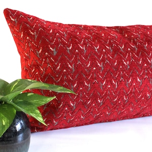 Crimson Red Chevron Lumbar Pillow Cover: Chenille Upholstery Fabric