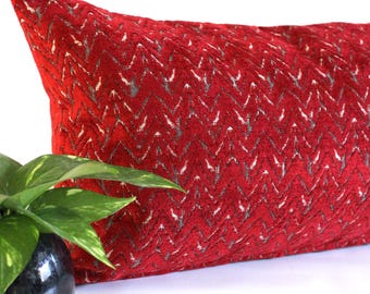 Crimson Red Chevron Lumbar Pillow Cover: Chenille Upholstery Fabric